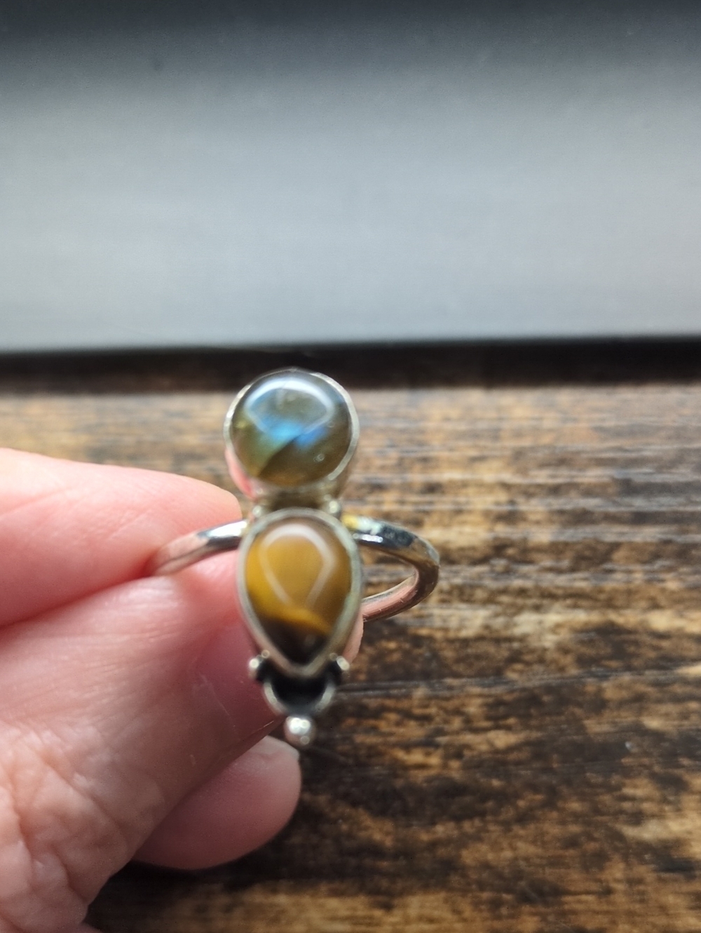 Sterling Silver Double Stone Ring with Labradorite and Tiger's Eye